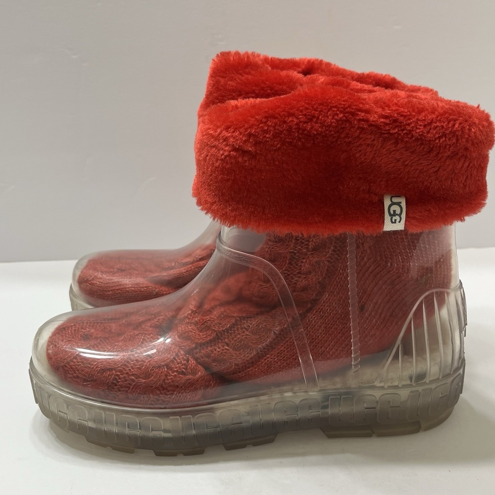 UGG Women's Drizlita Clear Rain Boots Cozy Red Faux Fur Cuff Sock  Sherpa Sole 9
